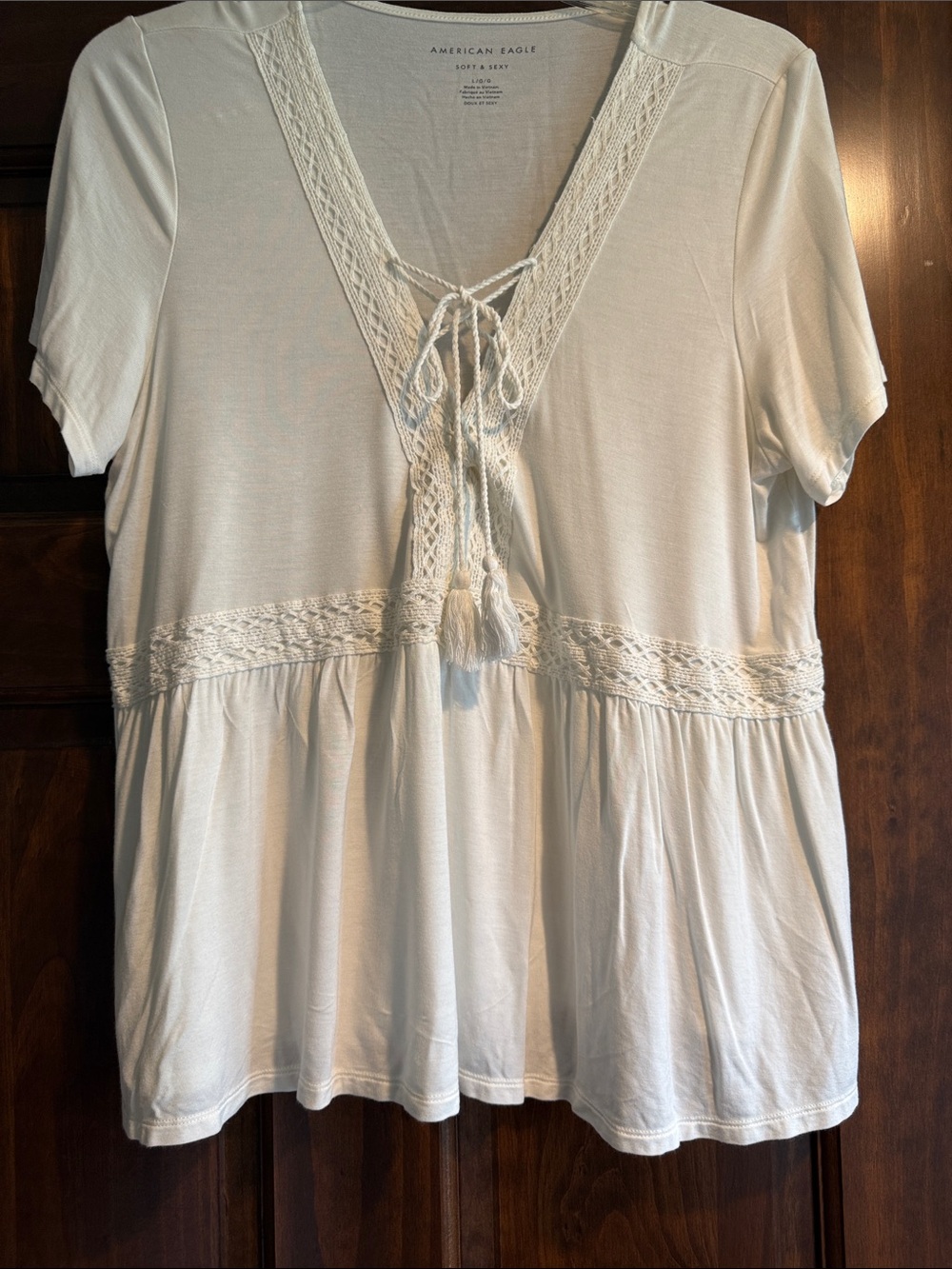 American Eagle Cream Short Sleeve Boho Top with Lace Detail and Tie, size L